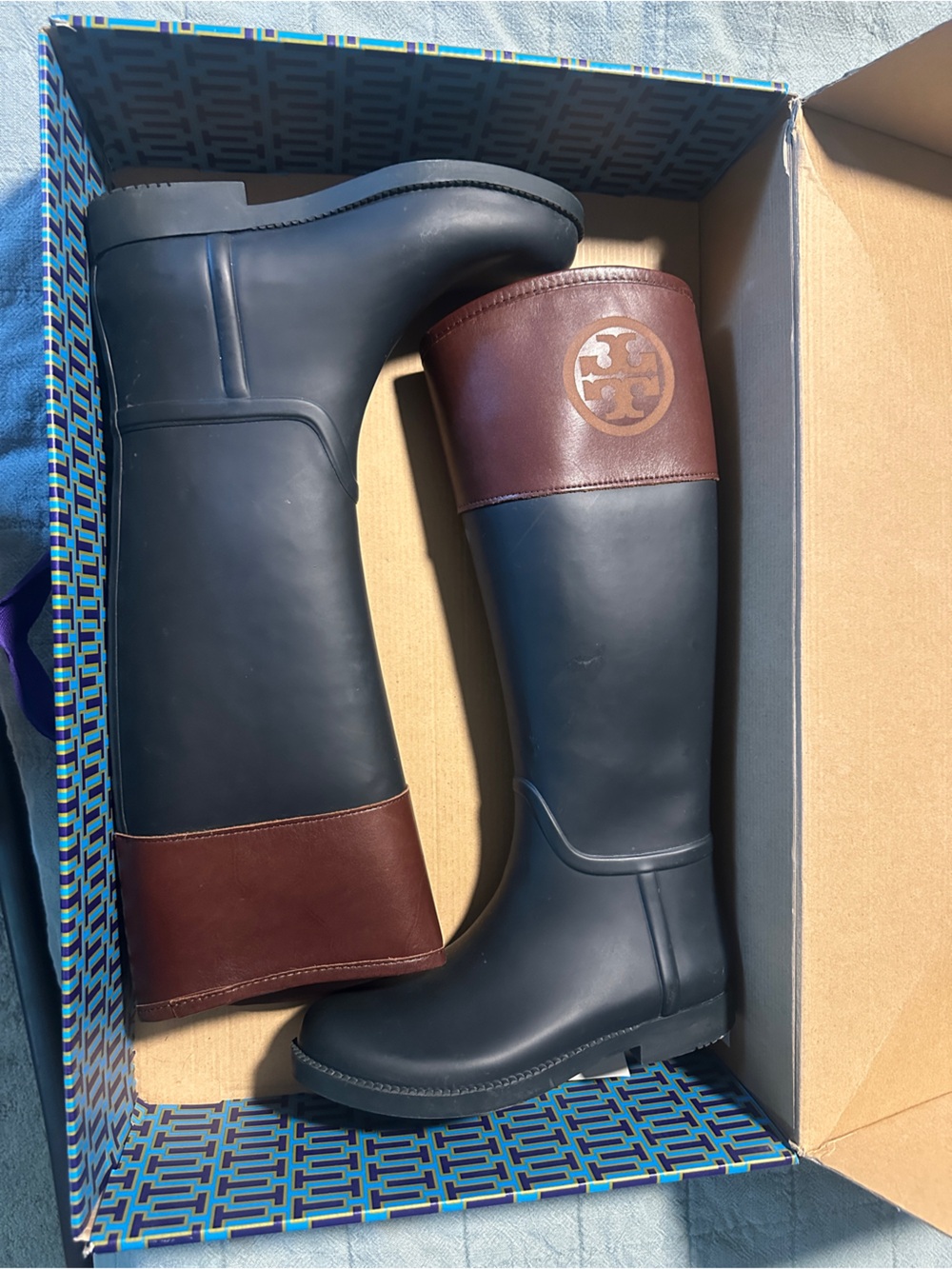 TORY BURCH Navy and Brown Tall Rubber Rain Boots with Leather Trim